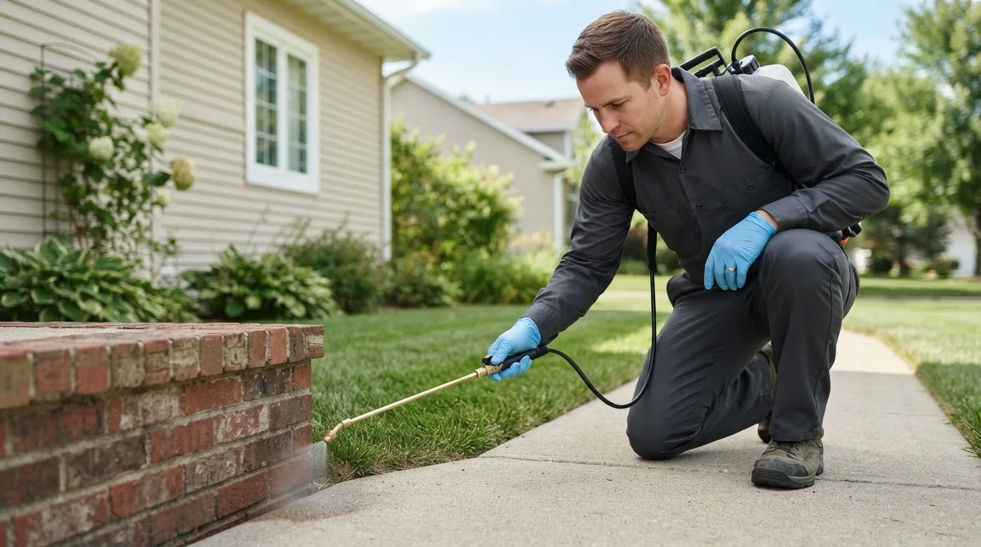 Pest control technician treating a home near Rome, PA